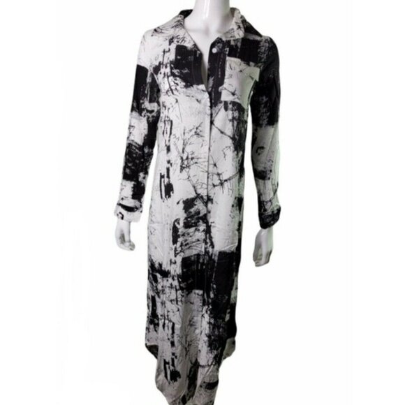 Boutique Dress Day Abstract Oversized Button Front Shirt Dress Black White Maxi - Picture 5 of 13